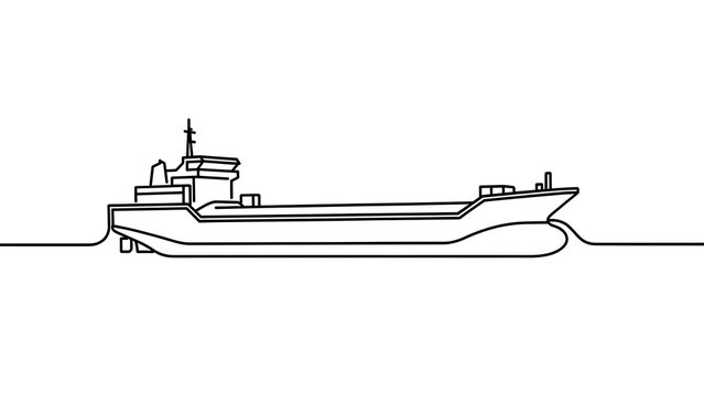 Cargo ship line drawing on white background.