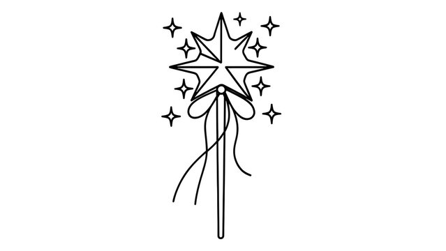 Magic wand with star and sparkles white background.