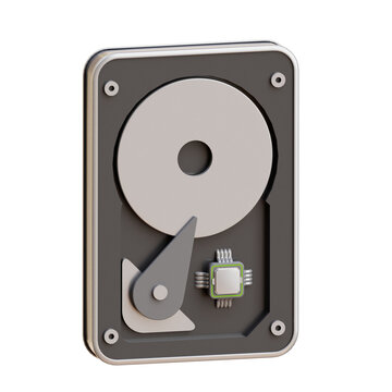 Hard Drive Icon: A stylized 3D icon representing a computer hard disk drive, showcasing its internal components like the platter and read-write head, ideal for tech-related graphics.
