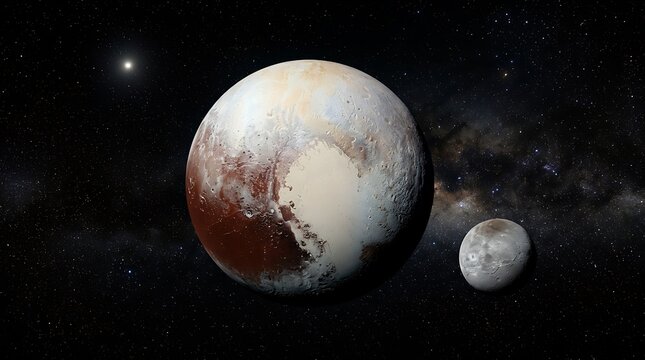 Dwarf planet pluto and large moon charon in deep space with astronomy, exploration