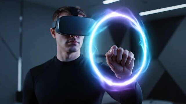 A person uses a VR headset, their hand reaching into a glowing, circular energy form