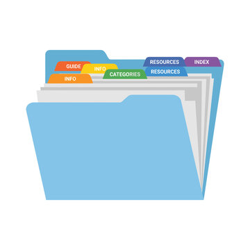 Blue hanging file folder with colorful labeled organizational tabs