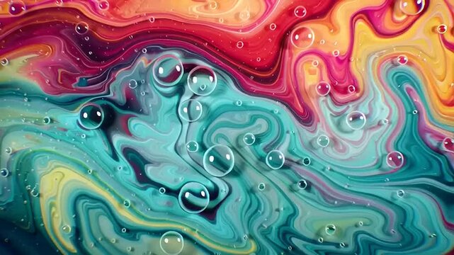 Bubbles emerge from a swirling mixture of vibrant liquid colors.