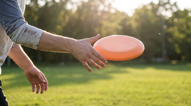 A close-up shot of a person's hand about to catch an orange frisbee in a sunny park. The background shows a blurred green field and trees, with lens flare adding a warm glow