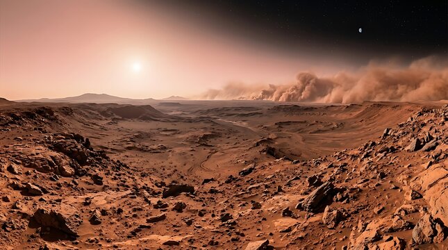 Dust storm across barren rocky martian landscape illustration with red planet, landscape