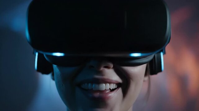 A smiling person wearing virtual reality headset with an ambient blue and orange background, a joyous expression on their face