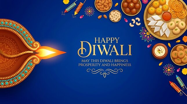 Happy Diwali banner with big diya oil lamp, traditional sweets and nuts