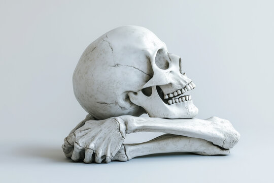 skull anatomical absurdity, cranium resting on bent human leg and foot, photorealistic