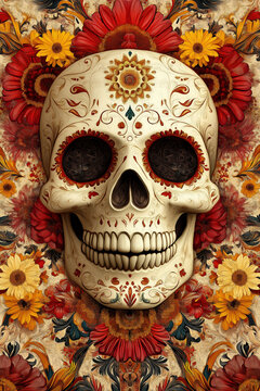 skull day of the dead portrait, red yellow floral decoration and smiling face, photorealistic