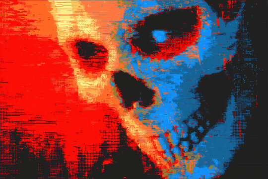 skull glitch art, extreme closeup red blue skull with one black eye, illustration