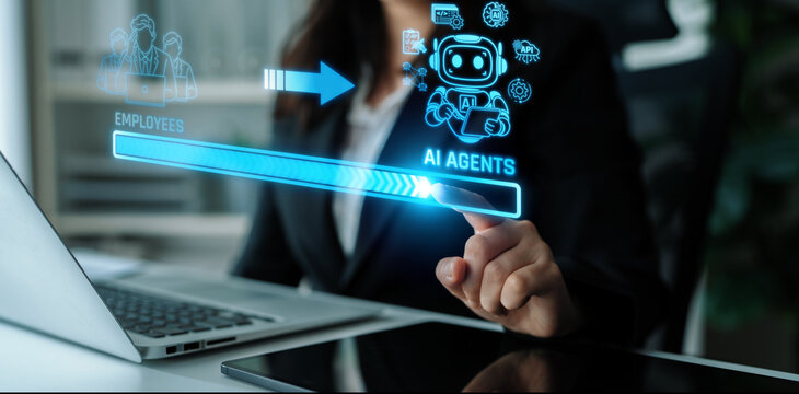 Business professional interacting with virtual AI agents, showcasing collaboration with technology in a modern workplace environment.. Liminal.