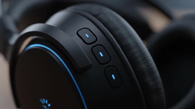 A close-up view of dark-colored headphones with illuminated buttons and a comfortable design. Soft earpads create an immersive audio experience