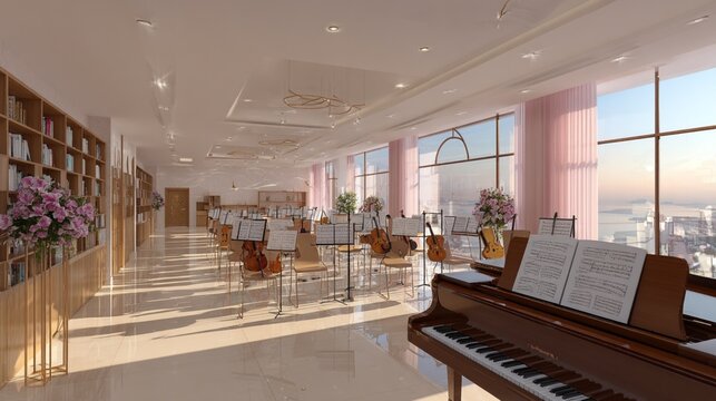 a high resolution photo featuring modern school music classroom piano