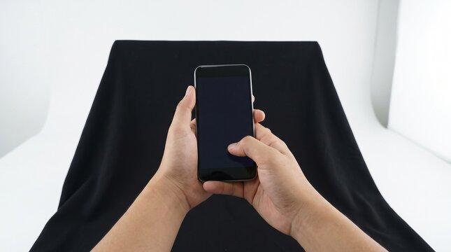 A person's hands holding a smartphone and using it with their thumb. The phone screen is black
