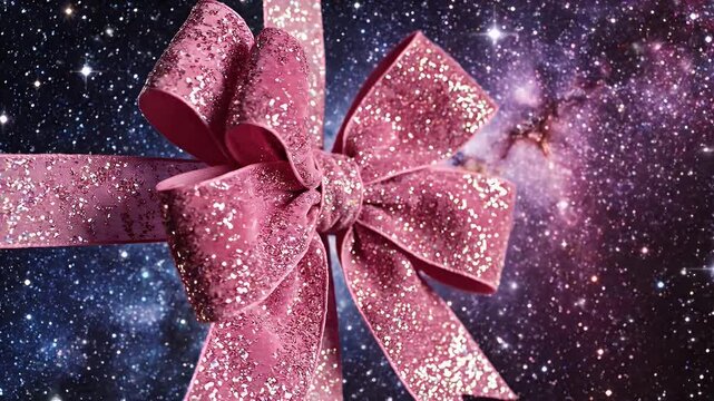 Glamorous pink glitter ribbon bow resting against a starry cosmic background