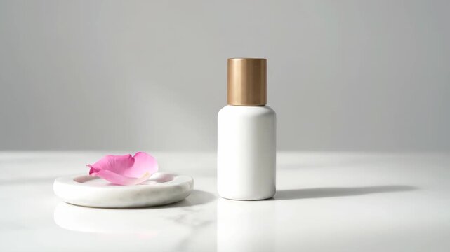 A white cosmetic bottle with a golden cap and a marble plate with a pink rose petal