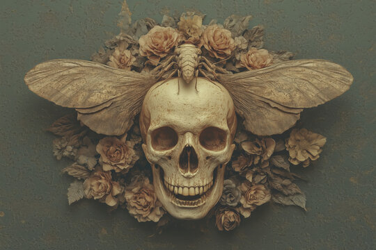 skull with moth, beige insect and cranium surrounded by dried roses, photorealistic