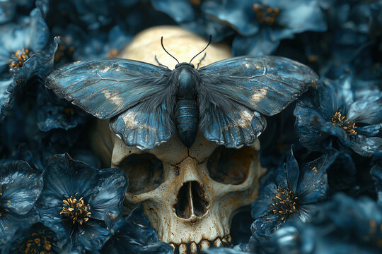 skull with moth, blue black insect resting on cranium among blue flowers, photorealistic