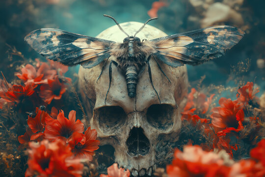 skull with moth, gray blue insect on cranium among red flowers, photorealistic