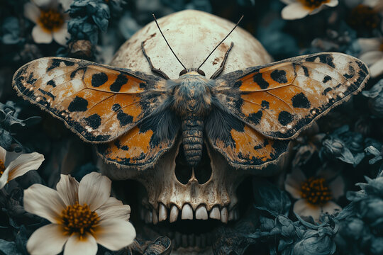 skull with moth, orange spotted insect covering cranium among white flowers, photorealistic