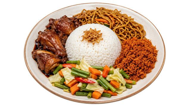 Indonesian Nasi Campur Mixed Rice with Chicken and Noodles on Plate