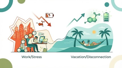 Naklejka premium Illustration shows a person stressed at work surrounded by deadlines on one side and another relaxing on a beach with nature on the other side.