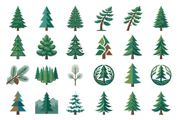 Obraz premium Minimalist evergreen pine and forest logo symbols.