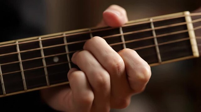 Close-up view of a hand forming a chord on the guitar. Detailed shot, showing the wooden fretboard and strings