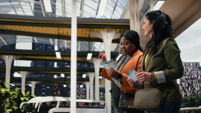 Friends compare bus ticket details with a smartphone navigation app while walking through a bus terminal; the African American woman and her companion read boarding pass information before departure.