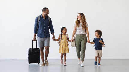 Naklejka premium A smiling family of four, holding hands, with two children and parents, are walking with luggage in a bright, modern space. The father is pulling a suitcase, and the mother carries a handbag.