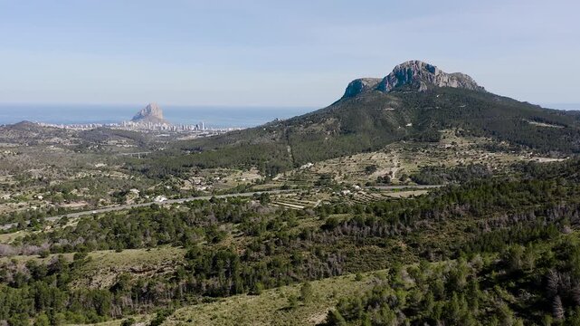Aerial view of Pe&ntilde;on de Ifach and Olta mountain, a fantastic area in the Mediterranean Sea, Alicante, Spain.