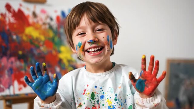 A child, covered in paint, laughs joyfully, showing his colorful hand. His face and smock reflect the creative play session