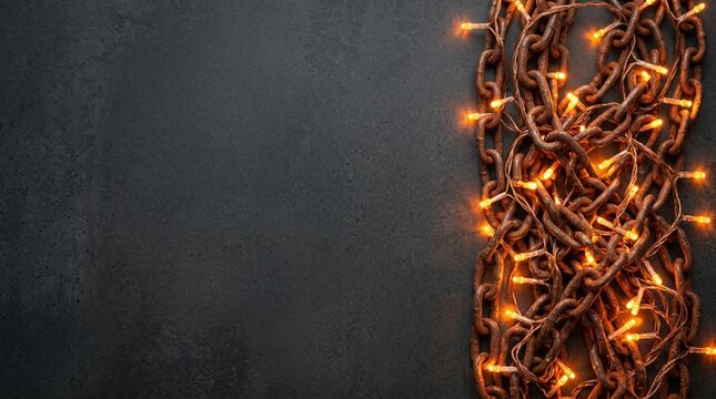 Dark textured background bordered on the right by rusty chains and glowing orange fairy lights, providing ample left copy space