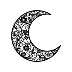 Intricate floral crescent moon design black and white vector illustration © MdAtiqur