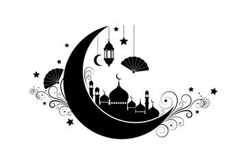 Elegant islamic crescent moon design with mosque silhouette and lanterns for ramadan decorations © MdAtiqur