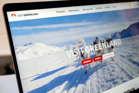 Mexico city, mexico, 01 26 2026: laptop displaying visit greenland arctic travel booking website