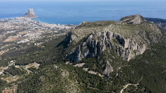 Aerial view of Pe&ntilde;on de Ifach and Olta mountain, a fantastic area in the Mediterranean Sea, Alicante, Spain.