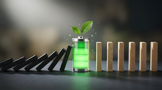 ESG risk management concept featuring green energy battery with leaves stopping falling dominos representing sustainable business resilience