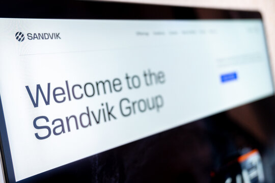 Mexico city, mexico, 02 16 2026: sandvik group website welcome page on a laptop screen