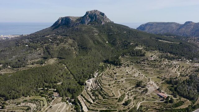 Aerial view of Pe&ntilde;on de Ifach and Olta mountain, a fantastic area in the Mediterranean Sea, Alicante, Spain.