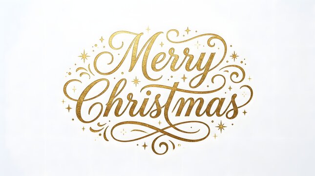 Elegant gold calligraphy merry christmas greeting card design with ornate flourishes on a clean white background