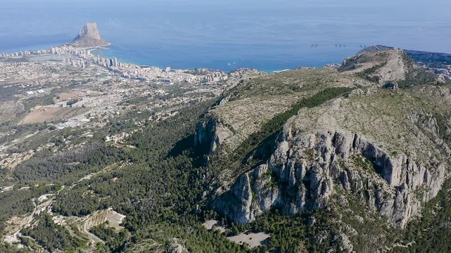 Aerial view of Pe&ntilde;on de Ifach and Olta mountain, a fantastic area in the Mediterranean Sea, Alicante, Spain.