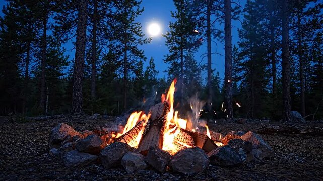 Bright Campfire Burning with Flying Sparks in Pine Forest under Full Moon at Night, Static Wide Shot