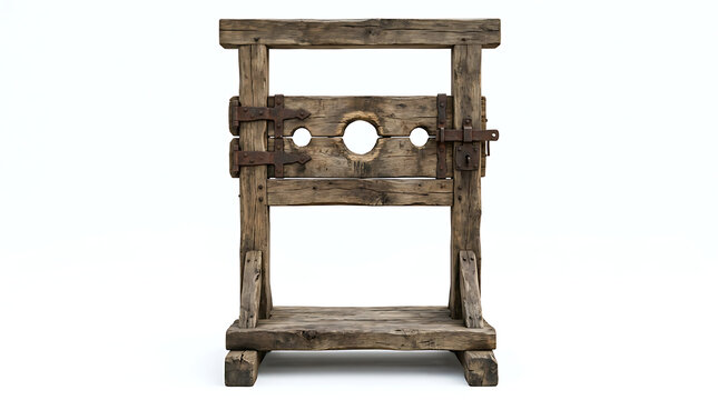 Vintage Wooden Pillory Stocks Device Isolated on a White Studio Background Setup
