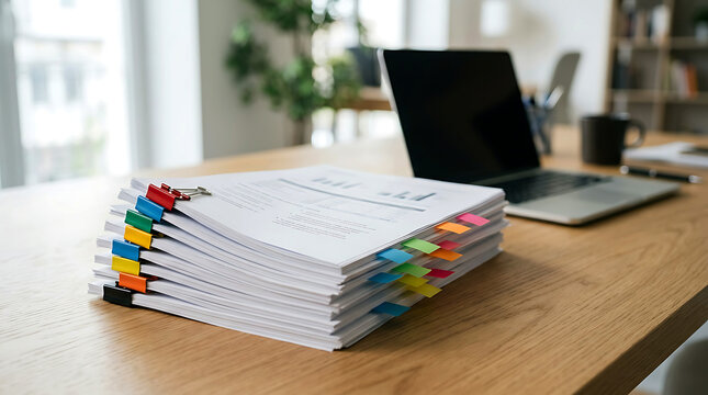 A Large Stack of Documents with Colorful Binder Clips on an Office Desk Surface