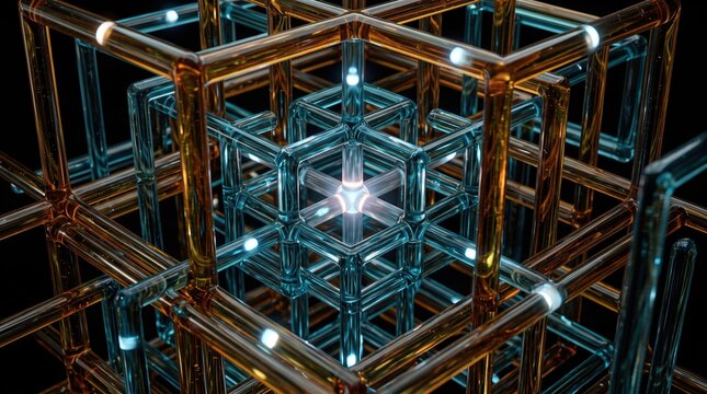 Abstract Geometric Cube Lattice Glowing with Energy on Black Background, High-Tech Sci-Fi Visual