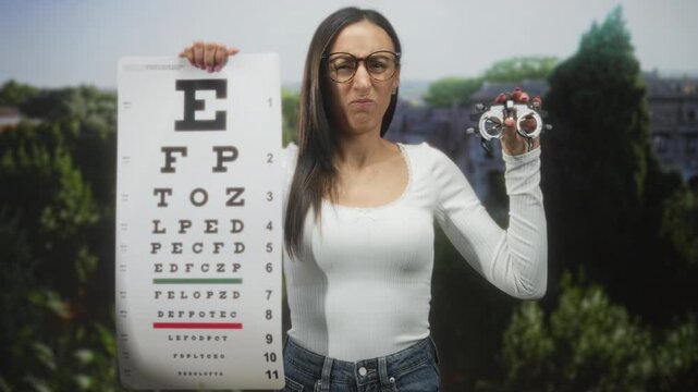 Woman holding eye chart and phoropter, grimacing with wrinkled nose during optician test in building; frustration vision care.