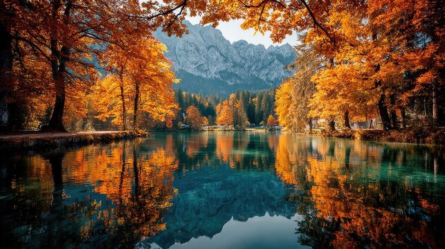 Autumnal lake nestled in mountains, vibrant foliage mirrored in still water