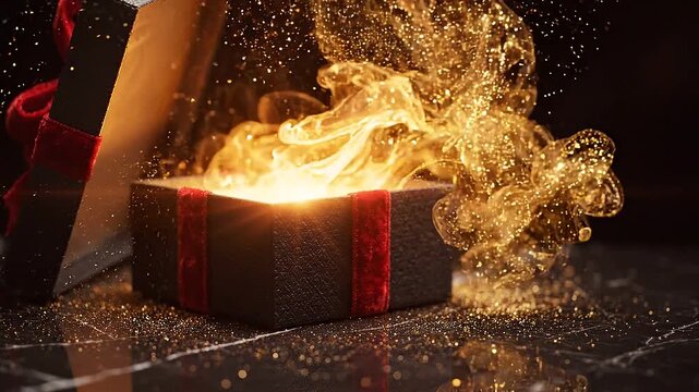 Magical Black Gift Box Opening with Golden Light and Sparkles on Dark Marble Surface, Cinematic Slow Motion