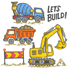 Construction zone twih mixer truck, dump truck, and excavator working to build the city © Adam